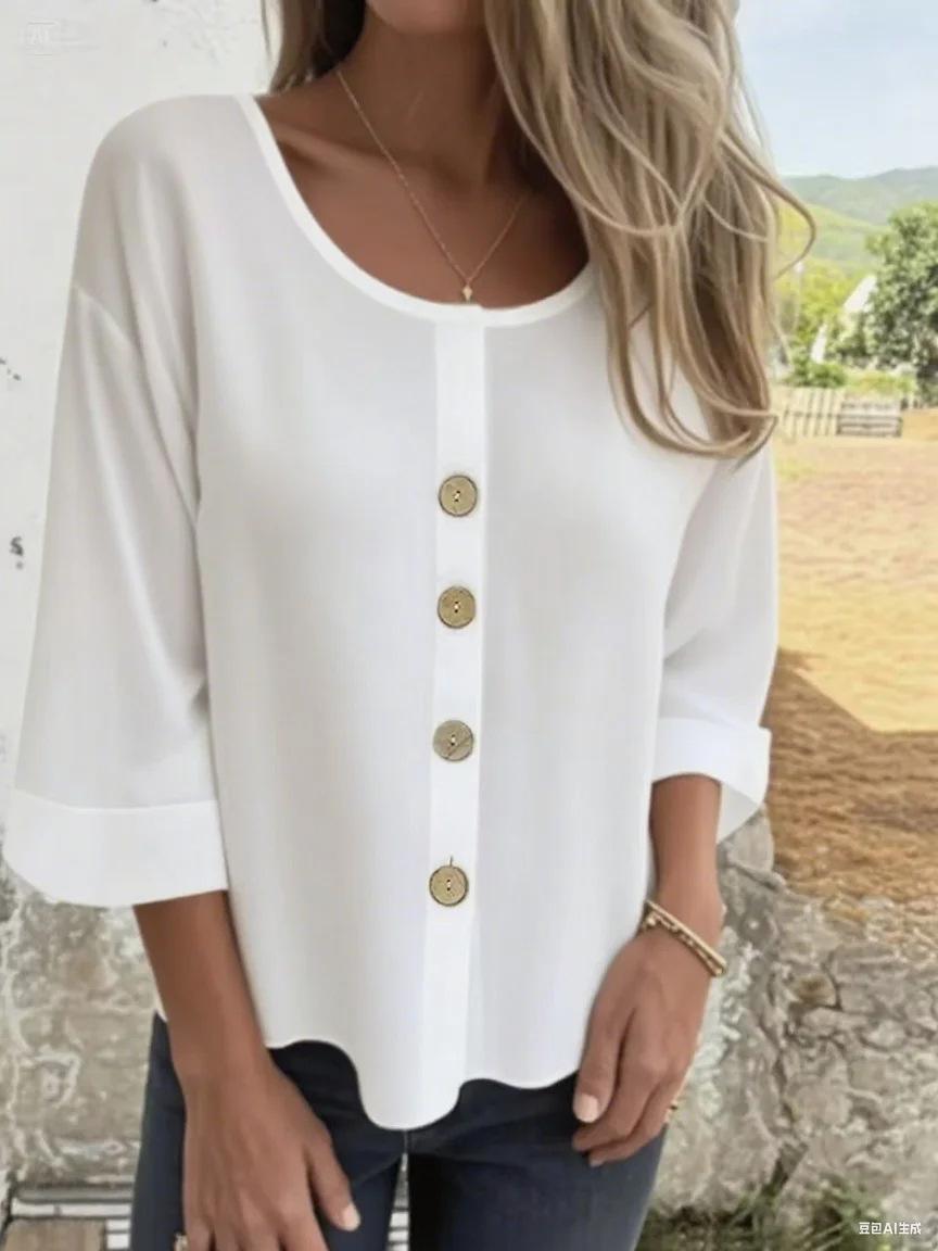 

European and American new loose T-shirt women s crew neck cotton and linen buttons, top cardigan shirt S белый