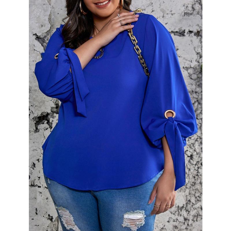 Plus Size Women S Lantern Sleeve Tie Shirt Loose Commute Top