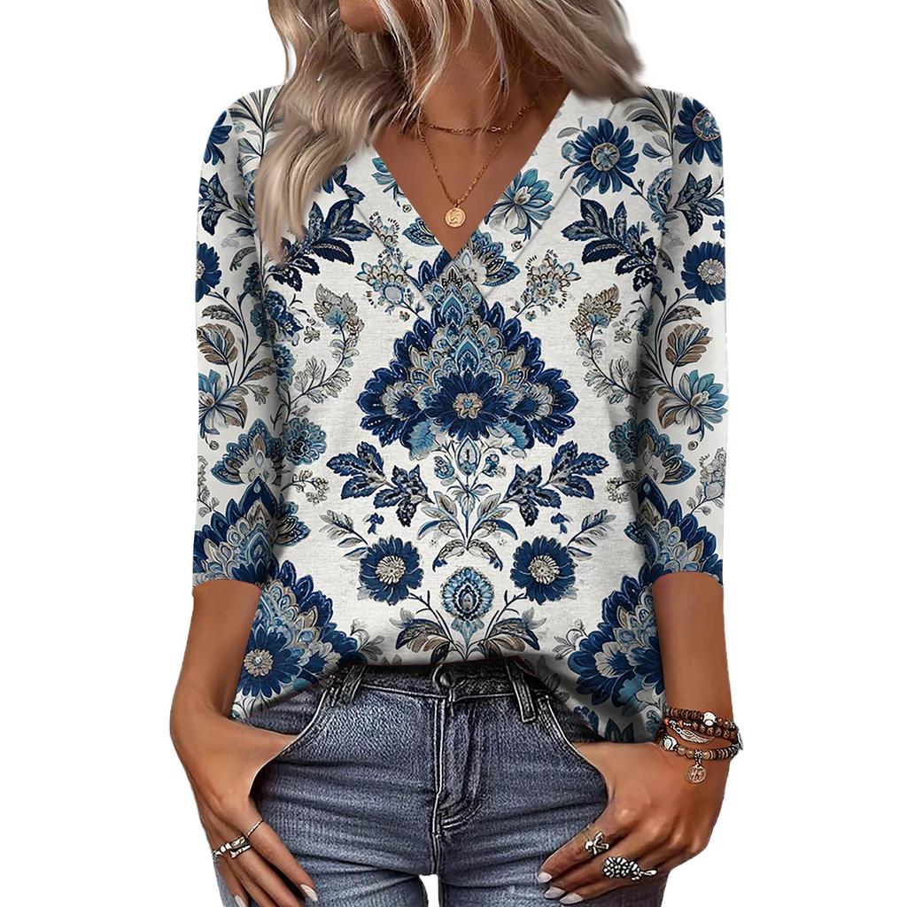 Women's 3/4 Sleeve Shirts V Neck Print Tops Casual Tops Basic Tees Blouse Loose Tops