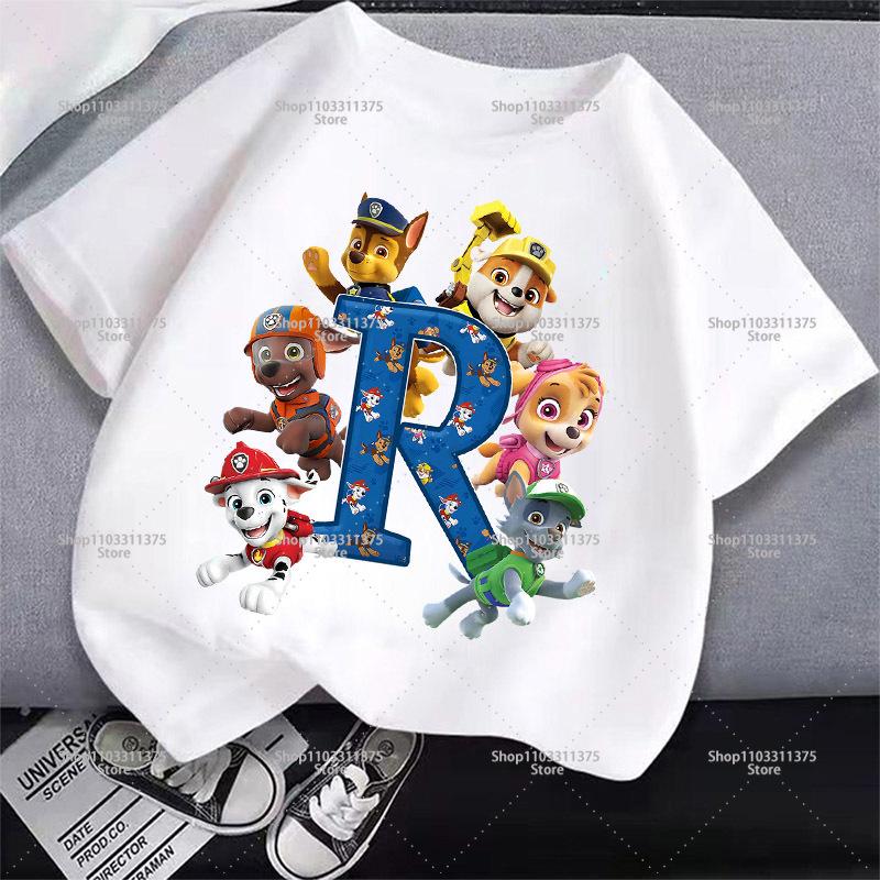 Cute PAW Patrol T-shirt Letter A-Z Boys Girls Clothes Short Sleeve Summer Cartoon Kids Birthday Toddler Cotton Outdoor Wear Gift
