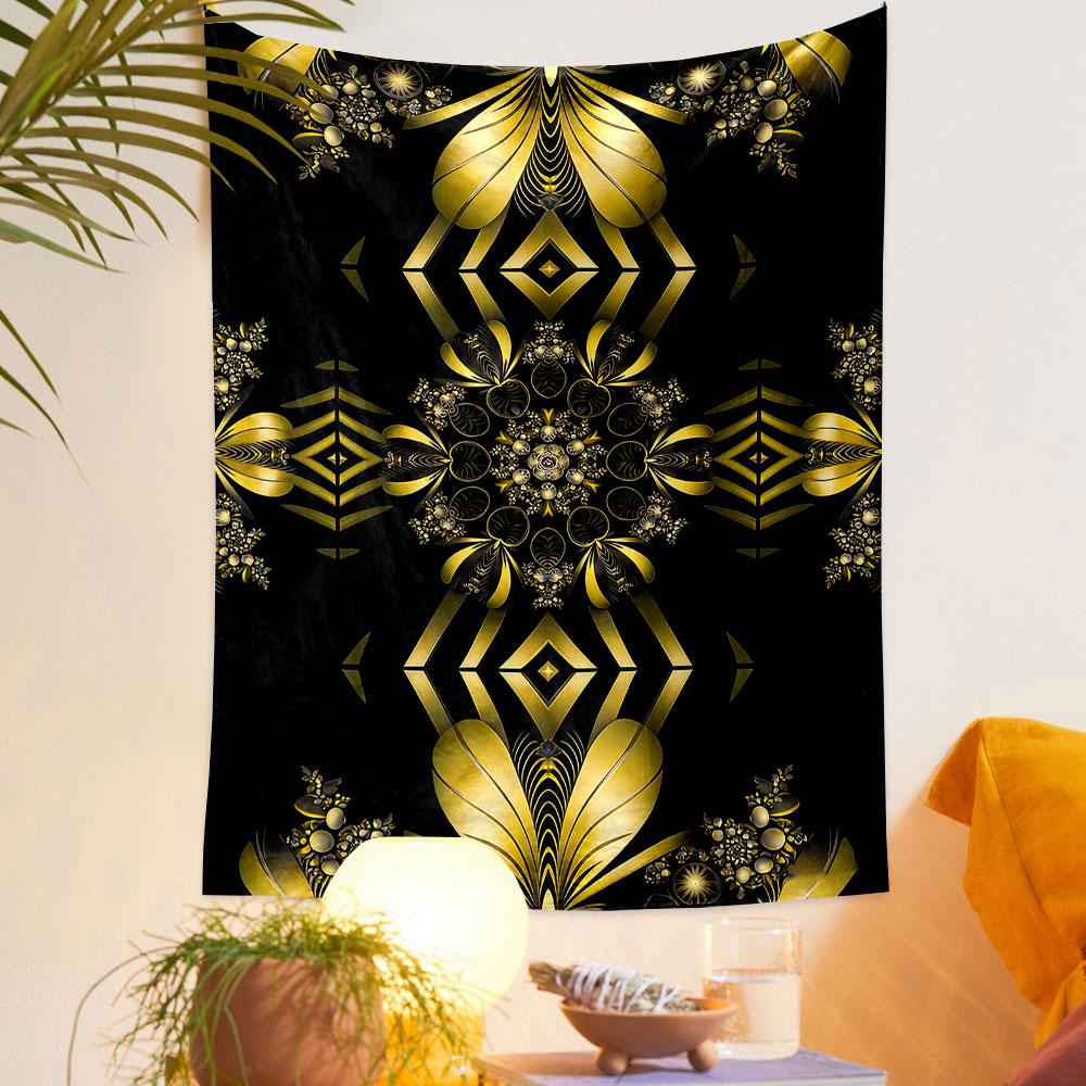 Golden Floral Mandala Pattern on Black Patterned tapestry home decor, suitable for bedroom and living room, gift