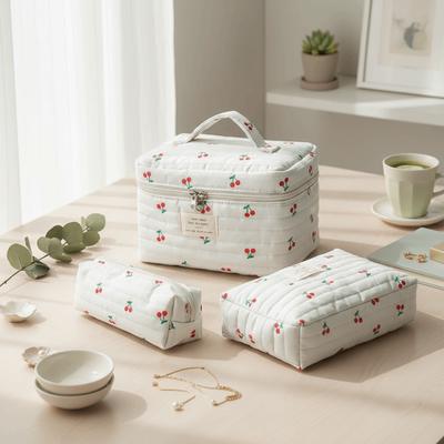Fashion Cherry Print Makeup Bag Quilted Cotton Cute Toiletry Bag Large Capacity Multifunctional Cosmetic Bag for Women Girls