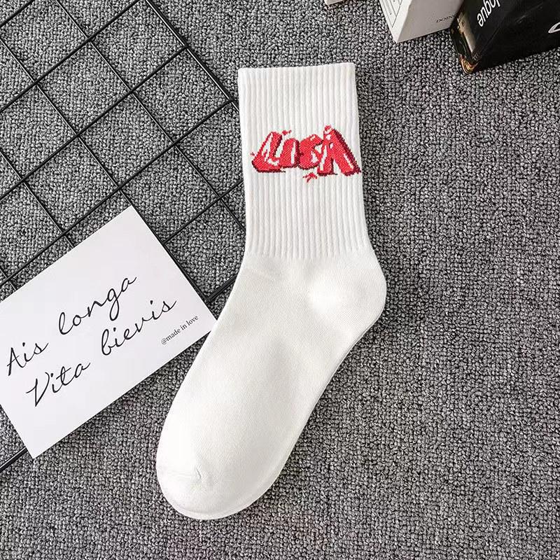 Trendy White Cotton Sports Socks for Couples - Mid-Calf, Autumn/Winter Men's Basketball Long Socks