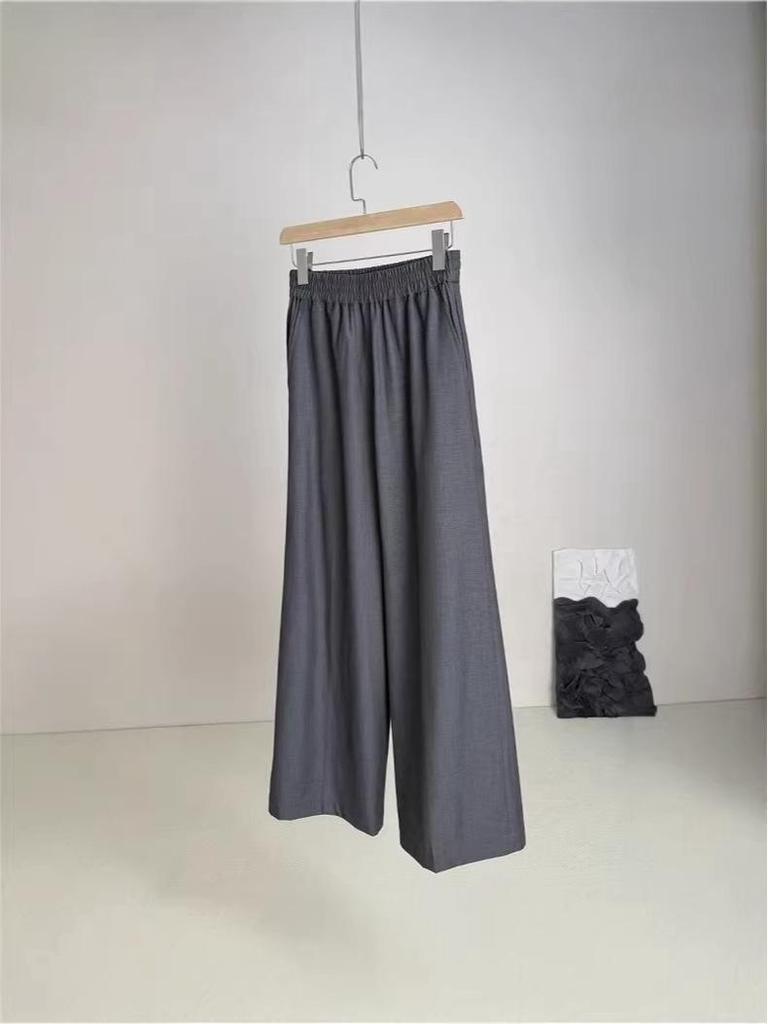 Versatile Grey Wool Blend Wide-Leg Pants with Elastic Waist