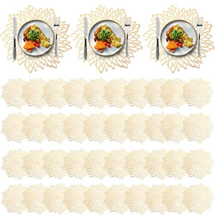 

100 Pieces Round Pressed Vinyl Placemats Metallic Hollow Out Leaf Flower Table Mats Gold Decorative Wedding Holiday Party Recep золотой