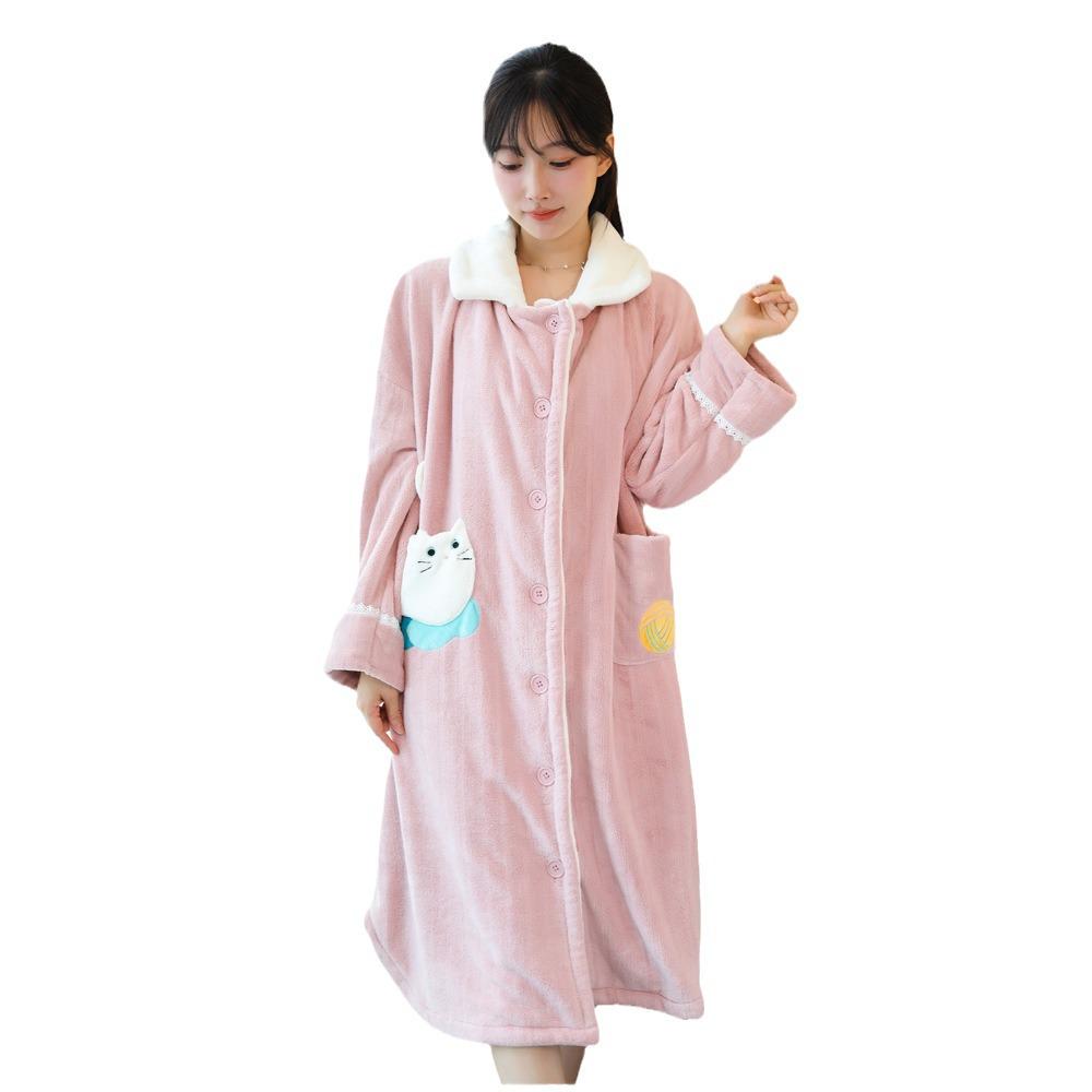 Women's Thick Flannel Long Sleeve Bathrobe - Autumn/Winter 2023