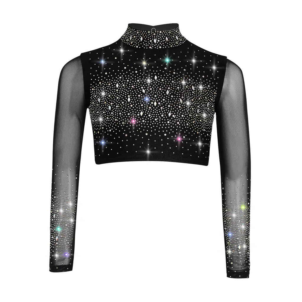 Dívčí průhledný síťovaný crop top s dlouhým rukávem a rolákem, lesklé kamínky, klíčová dírka vzadu, kostým pro lyrický tanec