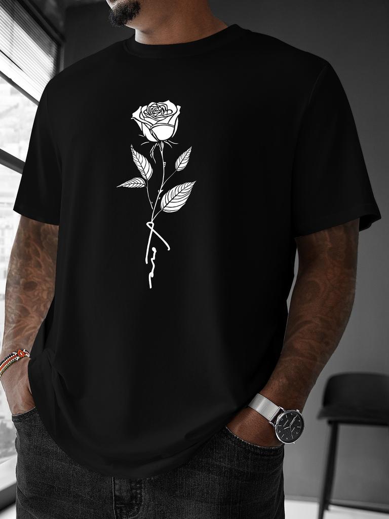 Unisex Summer Cotton Short Sleeve T Shirt Minimalist White Line Rose Stem Print Crew Neck Aesthetic Street Casual Male Tee