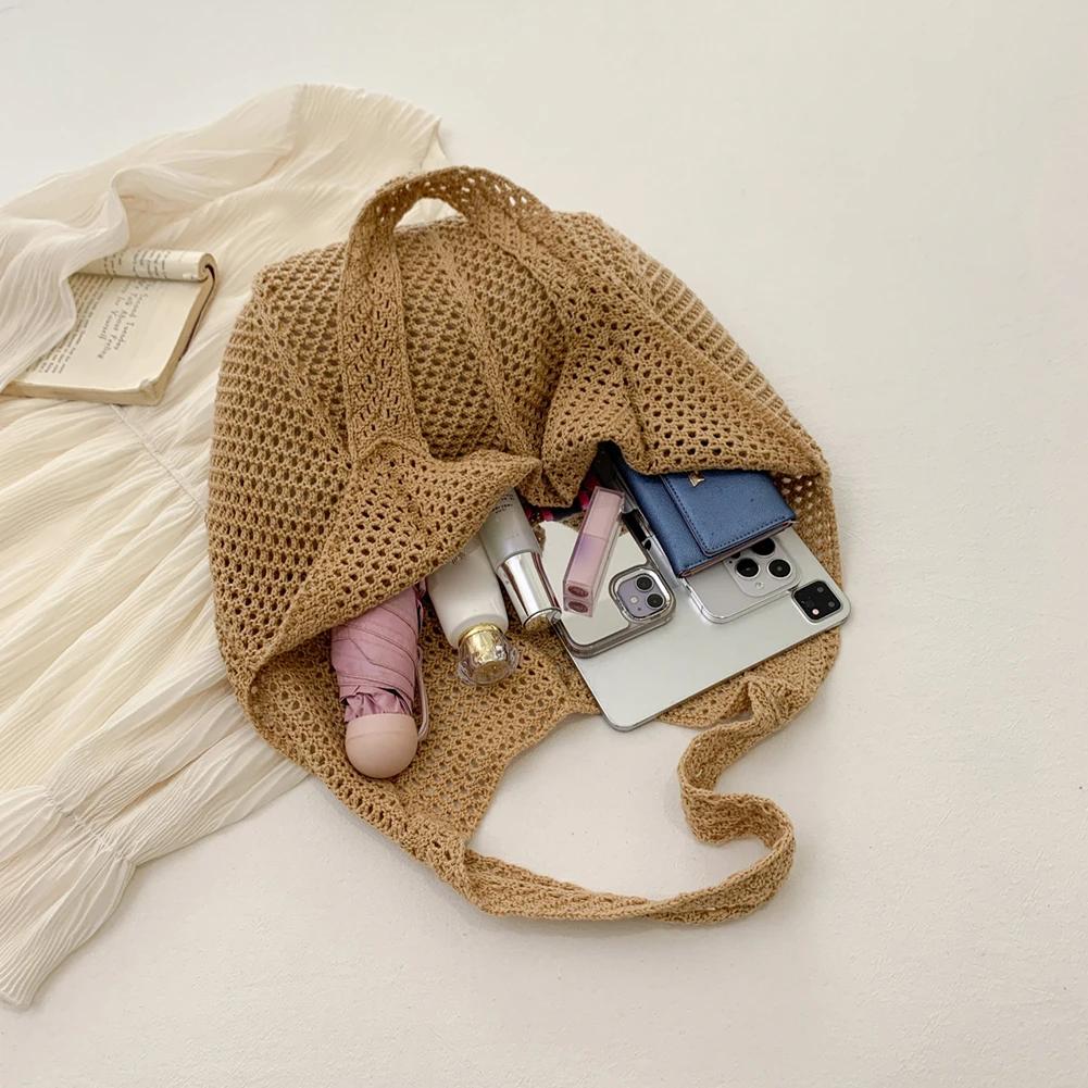 Women's Hollow Woven Shoulder Bags Large Capacity Knitting Underarm Bag Solid Crochet Tote Handbag Fashion Summer Mesh Beach Bag