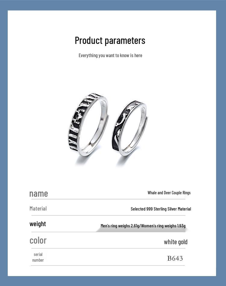 Pierścionki dla par s999 Czyste Srebro Retro Wieloryb i Jeleń: Japoński i Koreański Design Niszowy, Otwarte Pierścionki Dopasowujące się, Prezent Świąteczny