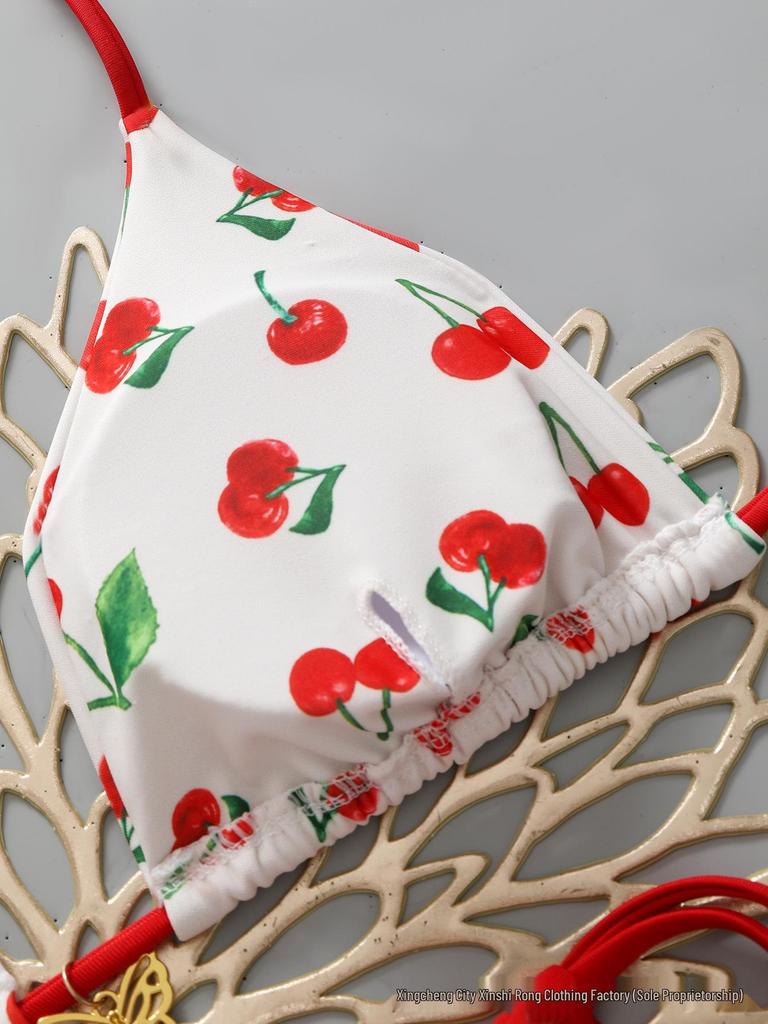 Cherry Print Backless Three-Piece Bikini Set - European American Style, 2026 Collection
