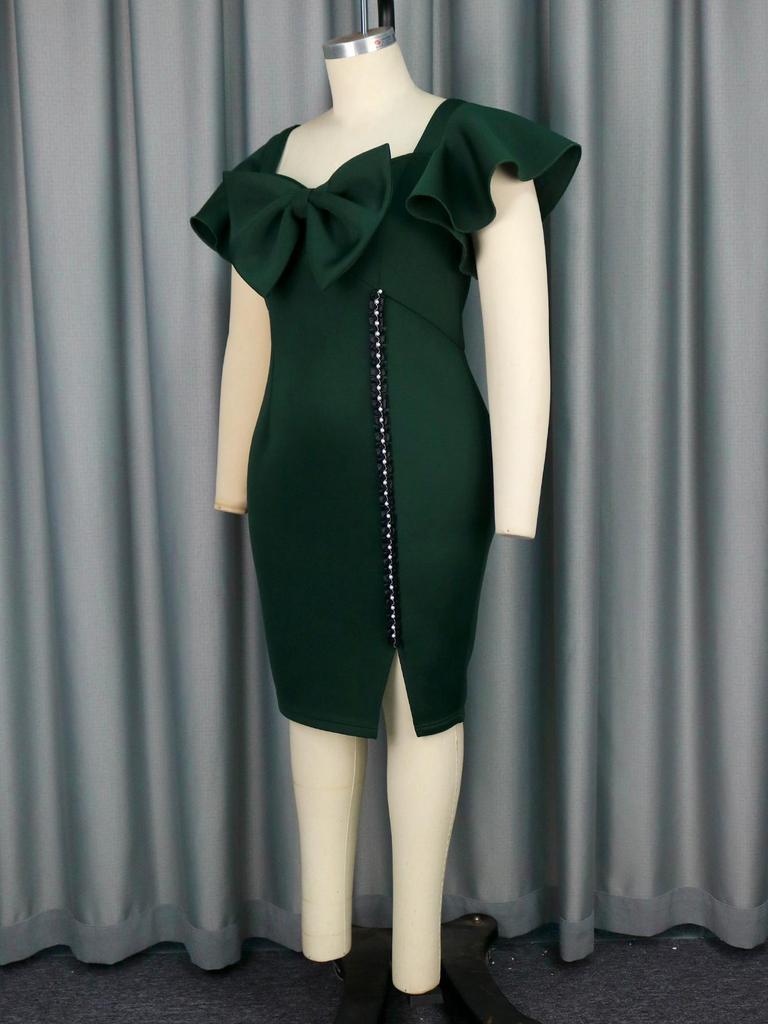 AOMEI Dark Green Bodycon Women Party Dresses Lovely Bow Ruffles High Waist Beading Knee Length Outfits