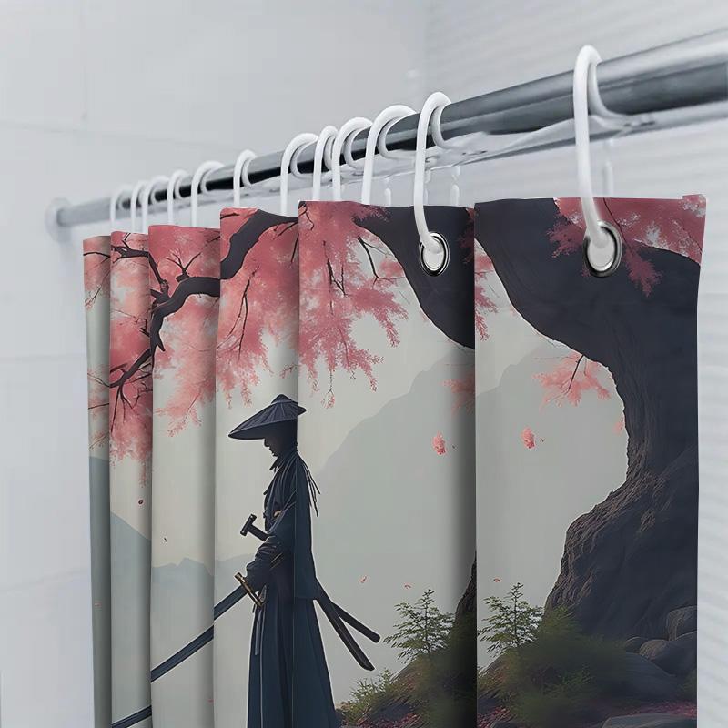 Elegant Samurai Shower Curtain - Japanese Art Design Waterproof Bath Decor With Pink Cherry Blossom Easy To Install And Maintain