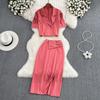 Ladies Suit Retro Lapel Loose Puff Sleeve Short Suit Jacket Two Piece High Waist Slit Skirt