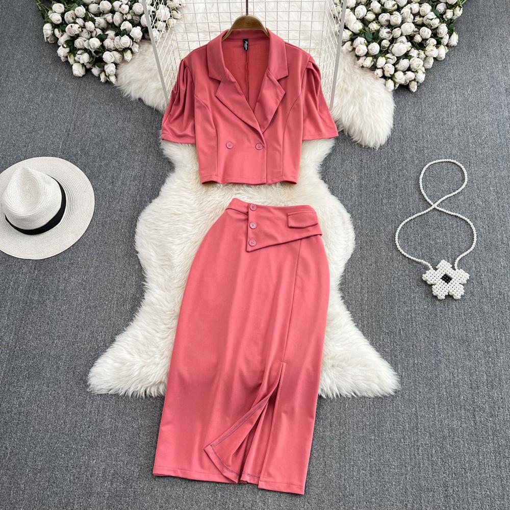 Ladies Suit Retro Lapel Loose Puff Sleeve Short Suit Jacket Two Piece High Waist Slit Skirt