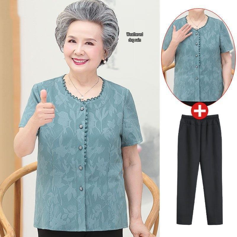 Summer Cotton Tops: Short-Sleeved, Loose-Fit Shirts for Middle-Aged and Elderly Women.
