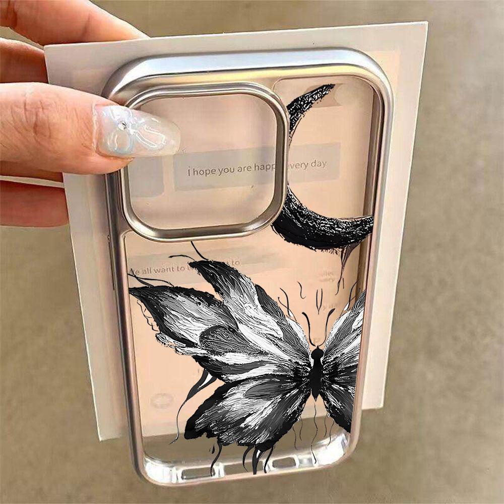 INS Ink Butterfly Pattern Electroplated Phone Case For iPhone 17 16 15 14 13 12 11 Pro Max Plus XS 17 Air Shockproof Clear Cover