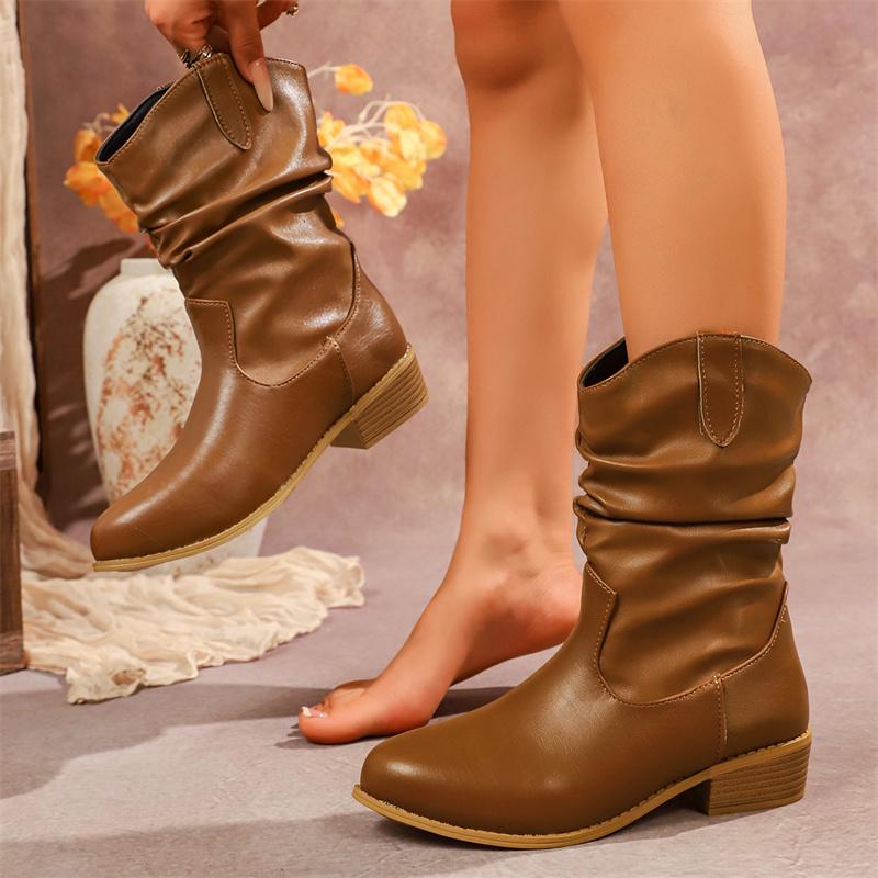 Western Cowboy Boots Maillard Women's Mid Calf Leather Boot Pointed Fashion High Top Boot Autumn Stack Heel Ankle Cowgirl Boots