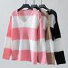 Autumn Winter Vintage Loose Long Sleeve Top Stripe Cardigan Knitwear V-Neck Sweater