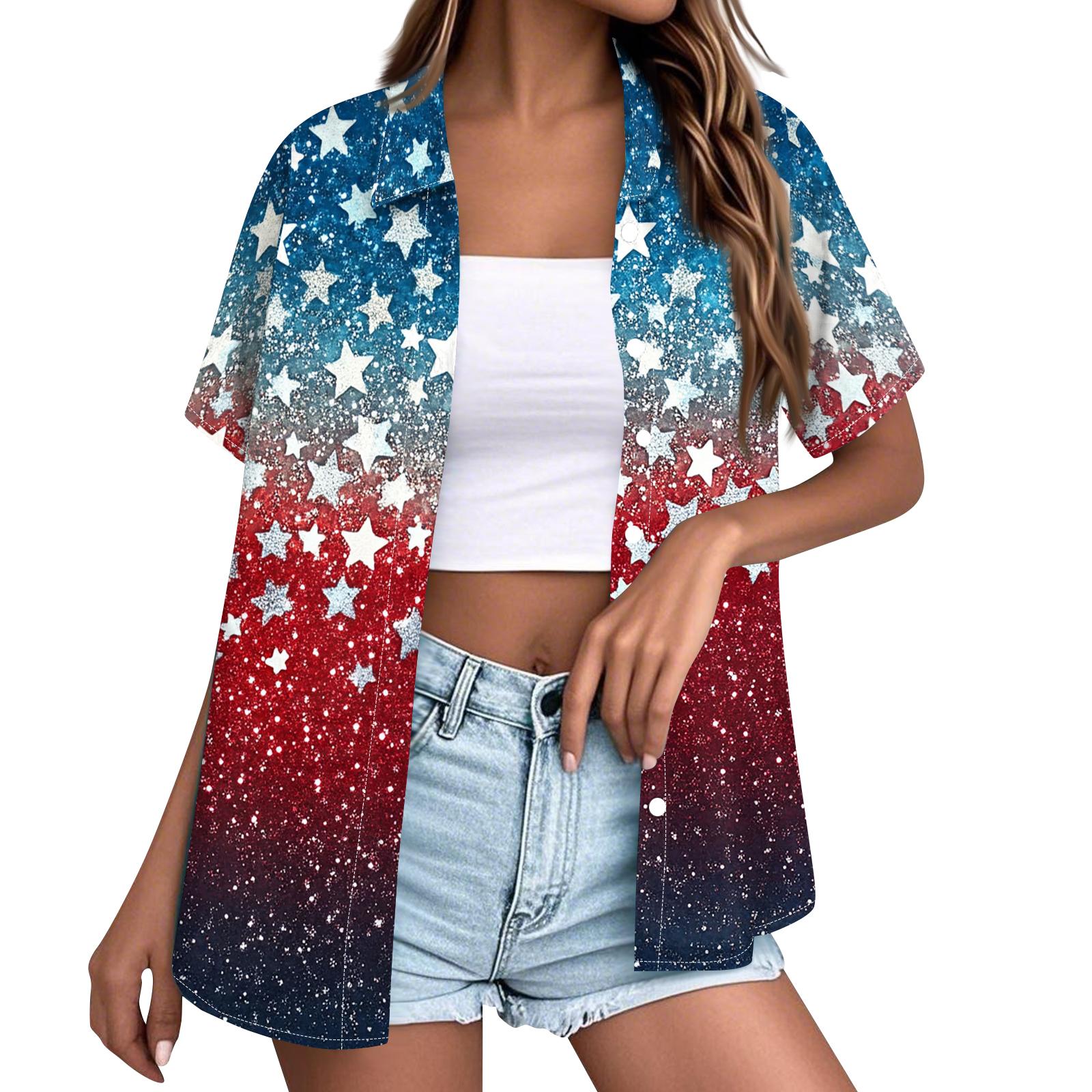 

Womens Spring Tops Button Down Short Sleeve Summer Shirts for Women Stars Print Casual Loose Fit Womens Summer T Shirts Dressy Tops for Women XXL синий