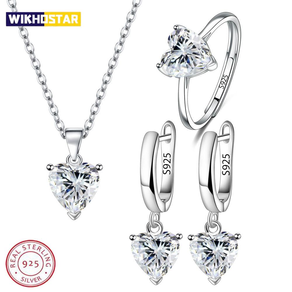 Set di gioielli in argento sterling 925 per donne, anello con zircone a forma di cuore, orecchini, collana, matrimonio, sposa, elegante, Natale