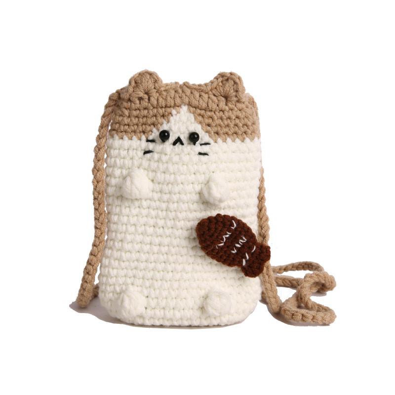 Cat Cartoon Handwoven Woolen Mobile Phone Bag With Shoulder Strap For Casual Daily Use