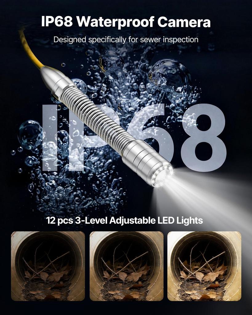 2026 Upgraded Sewer Camera with WiFi, 30m Drain Pipeline Camera, IP68 Snake Plumbing Cameras with Light- 12 LEDS, Wireless WiFi Connectivity to