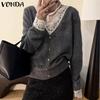 VONDA Autumn Winter Women Lace V Neck Long Sleeve Knitted Pullover Sweaters Jumpers