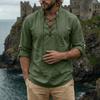 Men's Cotton-Linen Drawstring Collar Long-Sleeve Top Men's Casual Stylish Long-Sleeve Shirt