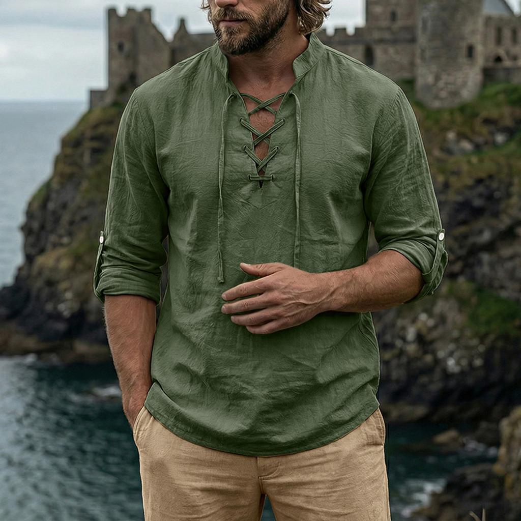 Men's Cotton-Linen Drawstring Collar Long-Sleeve Top Men's Casual Stylish Long-Sleeve Shirt