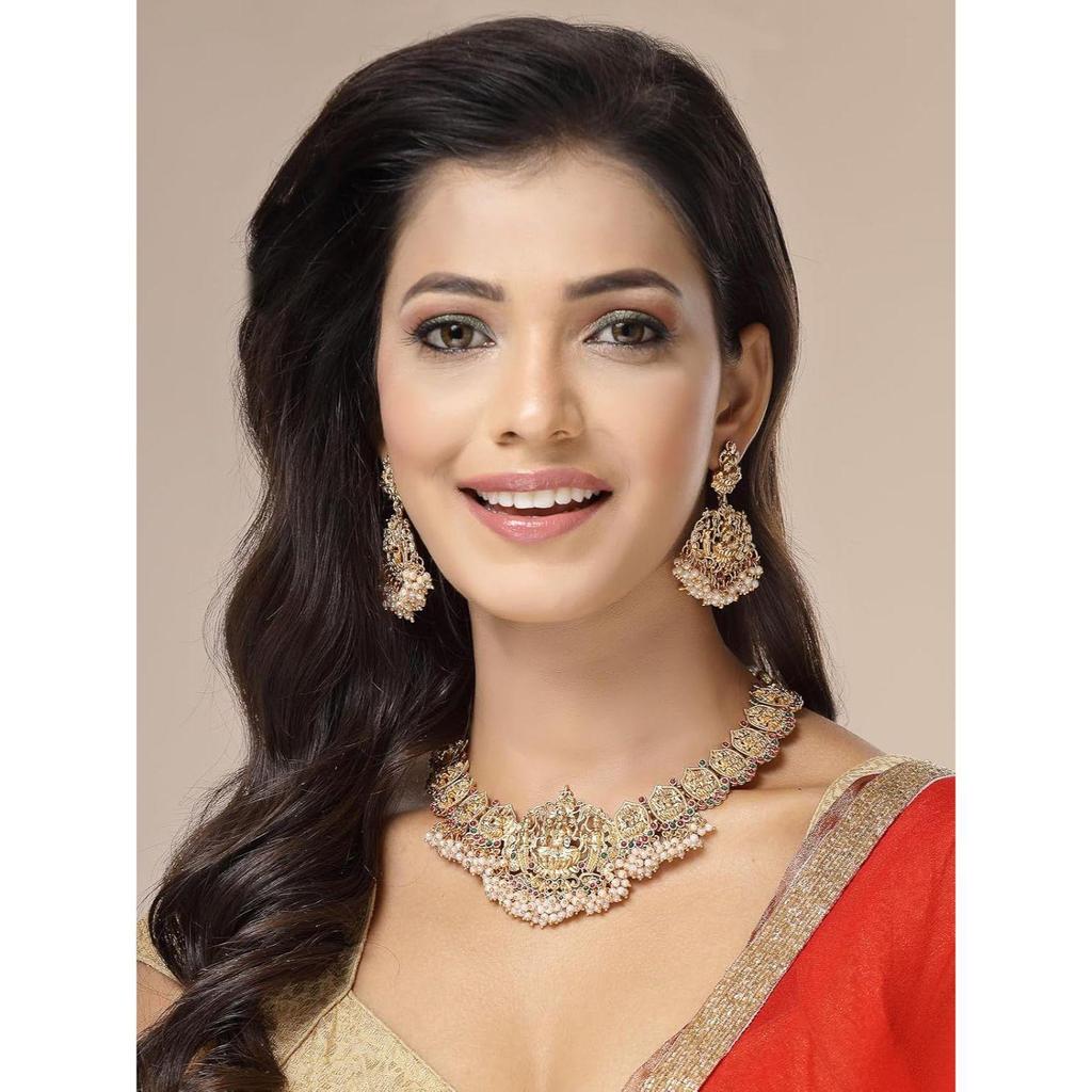 Traditional Stylish with Beaded Studded Choker Necklace with Dangle Earring Jewellery Set for Women & Girls