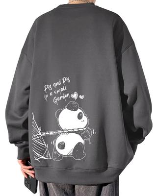 Bligo Long Sleeve Panda Print Loose Plus Size Drop Shoulder Solid Korean Dark Gray Men's Sweatshirt, Fit, Hoodie, T-Shirt, Color, Style, (L)