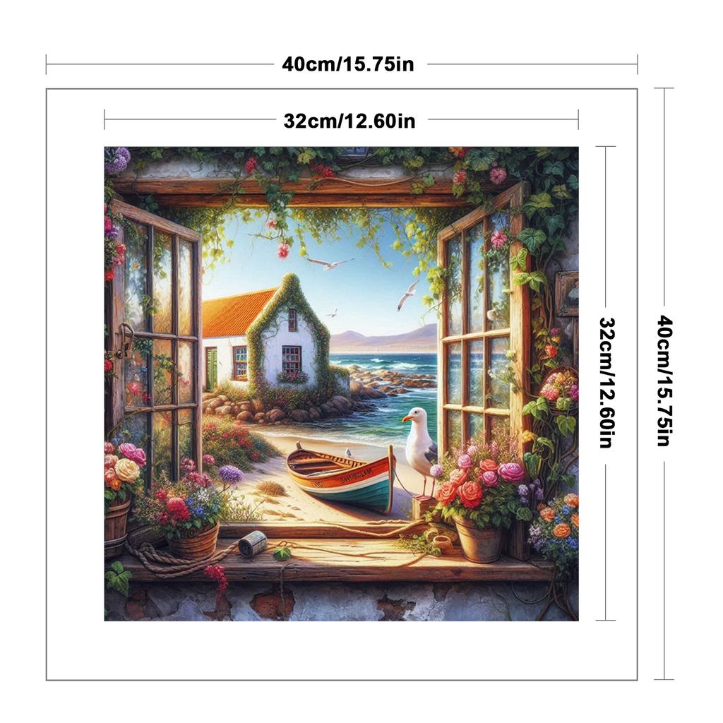 Window View Full 11CT DIY Stamped Needlework Embroidery Kit 40x40cm Printed Cross-Stitch Kits for Beginners Adults Home Decor