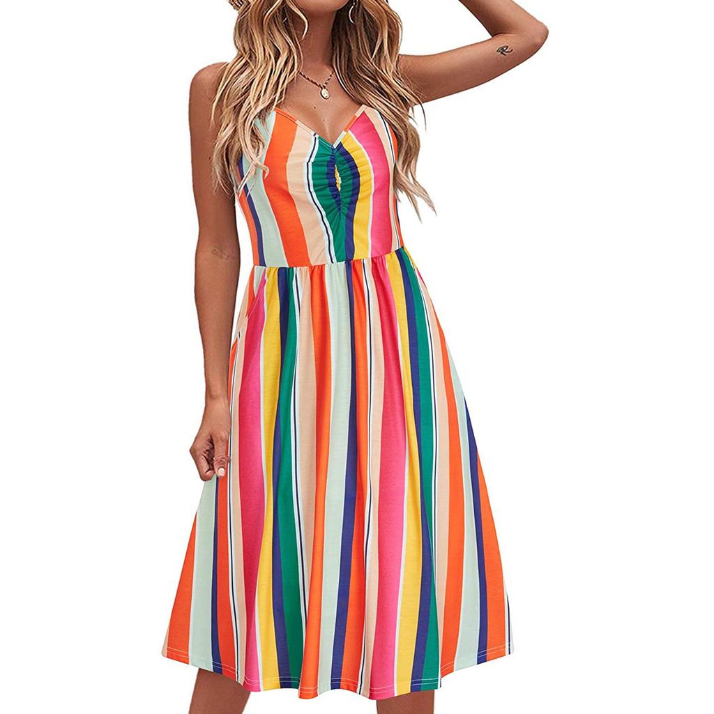 Kvinnemote Uformell ermeløs slank Sexy V-hals trykt mellomlang kjole