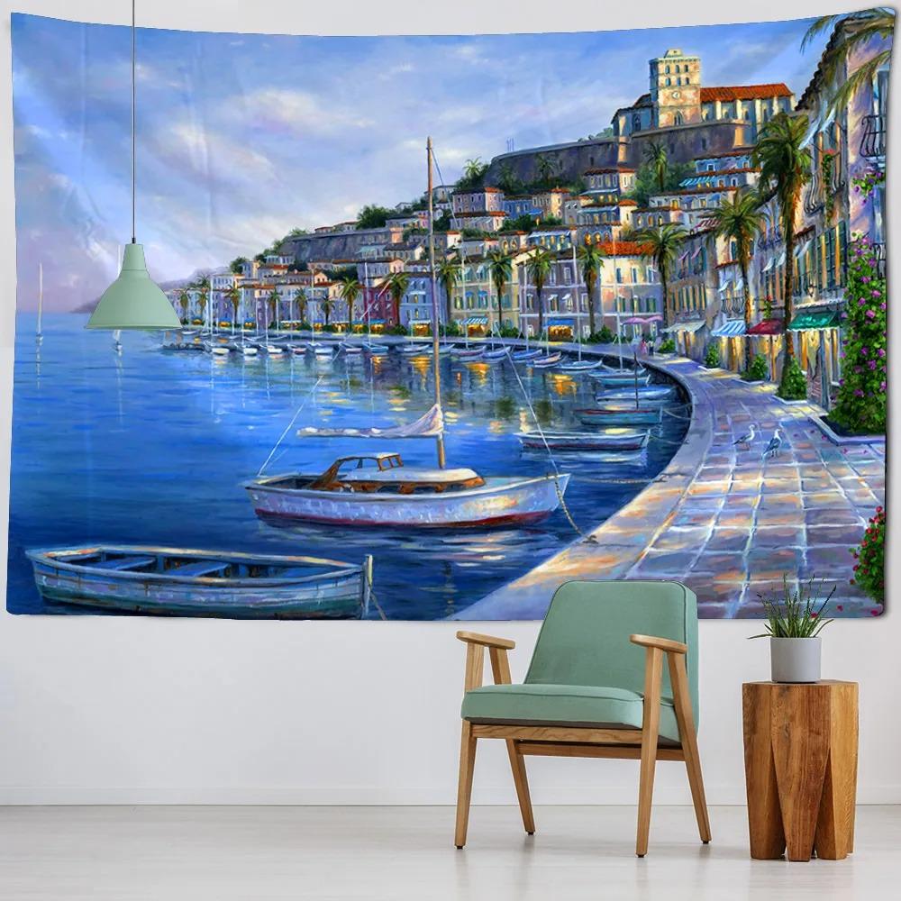 Bedroom living room wall decoration sea view oil painting tapestry European style landscape print background cloth