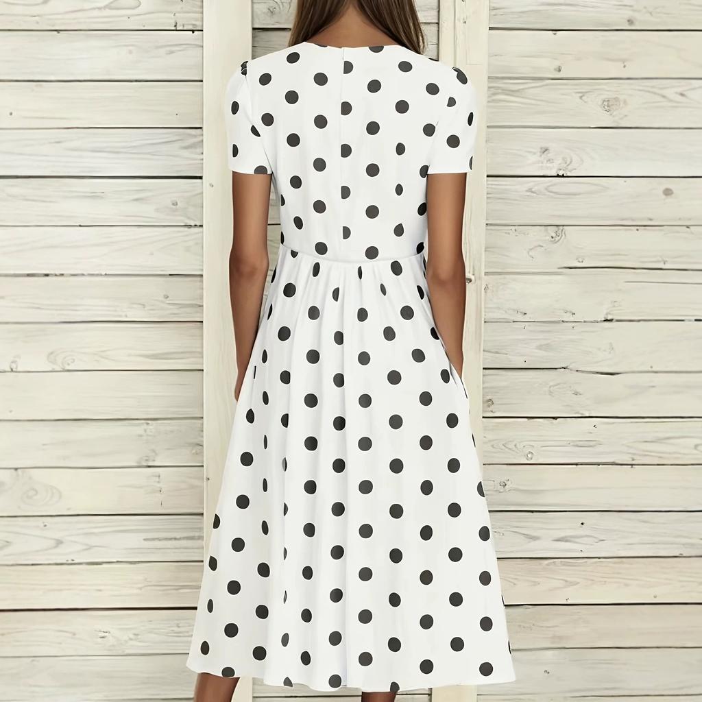 New Summer Fashion Mid-rise Casual Round-neck Polka Dot Printed Short-sleeved Dress for Women