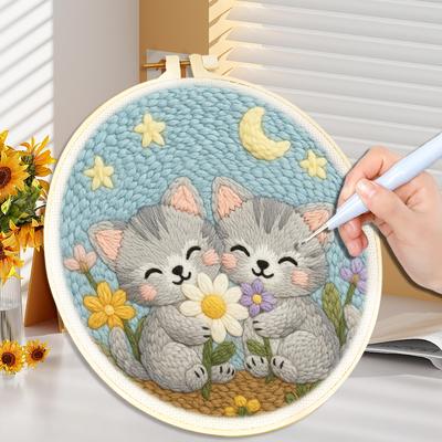 DIY Punch Needle Kits Cute Animal Easy for Beginners Punch Needle Embroidery Set with Hoop Rug Hooking for Festival Gift