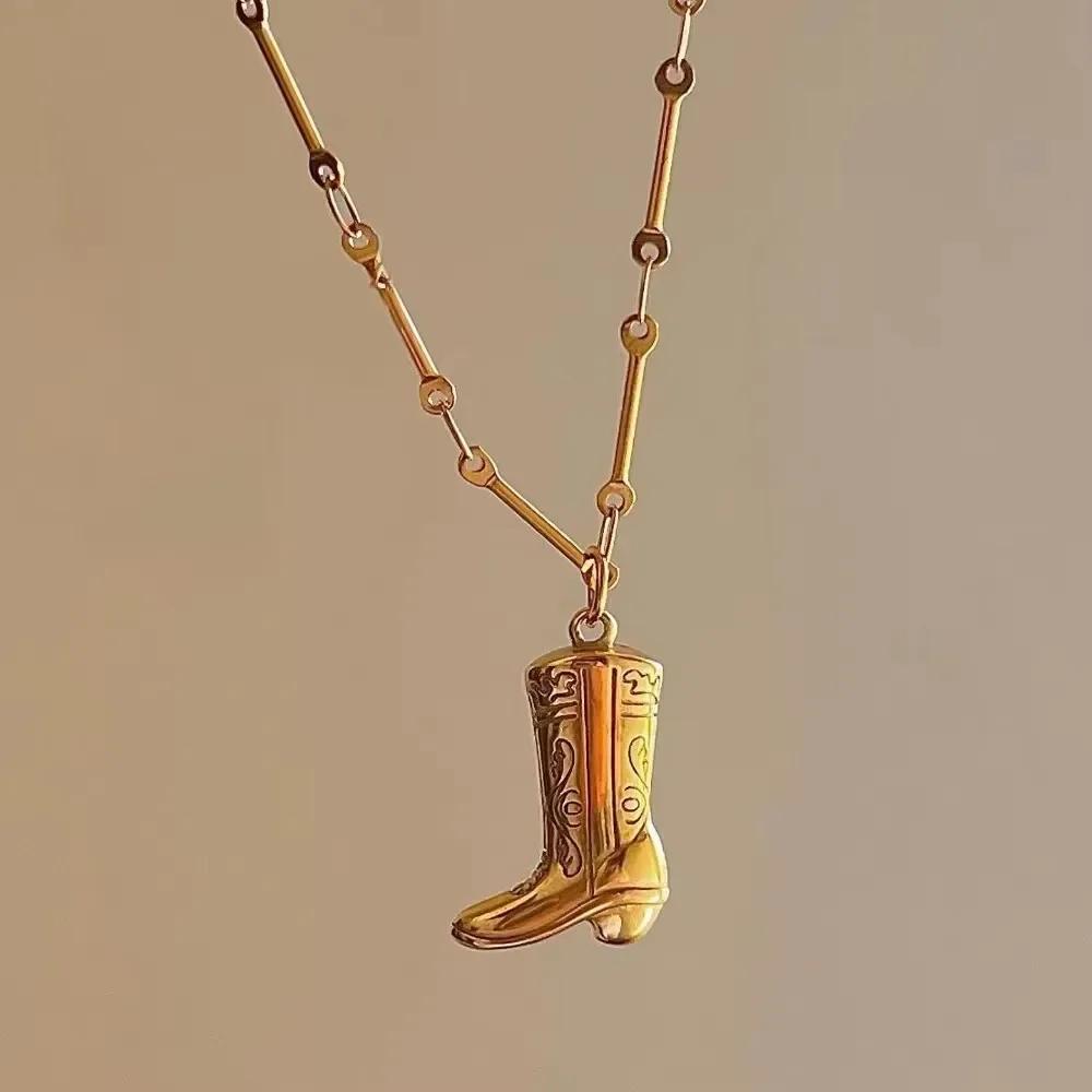Vintage Punk Gold Color Cowboy Boots Pendant Star Necklace for Women Shiny Zircon CZ Rust Proof Cool Cowgirl Neck Collar Choker