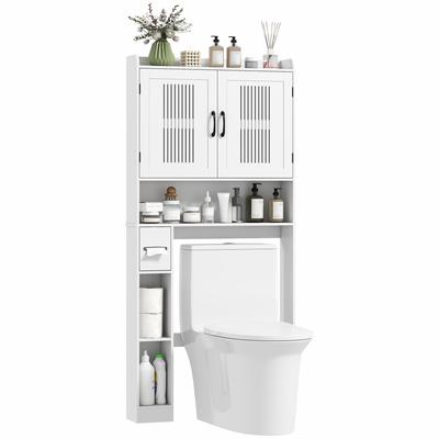 Over-the-toilet Cabinet Bathroom Cabinet with Double-door Cupboard and Paper Holder 80x19.5x170cm White
