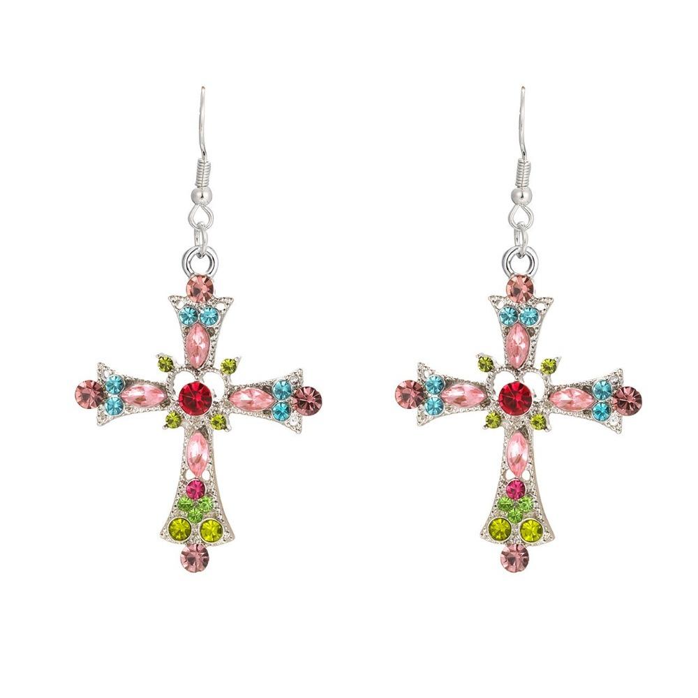 Trendy Personality Colorful Rhinestone Cross Hollowed-out Heart Pendant Necklace Earrings for Women Men Y2k Jewelry Accessories
