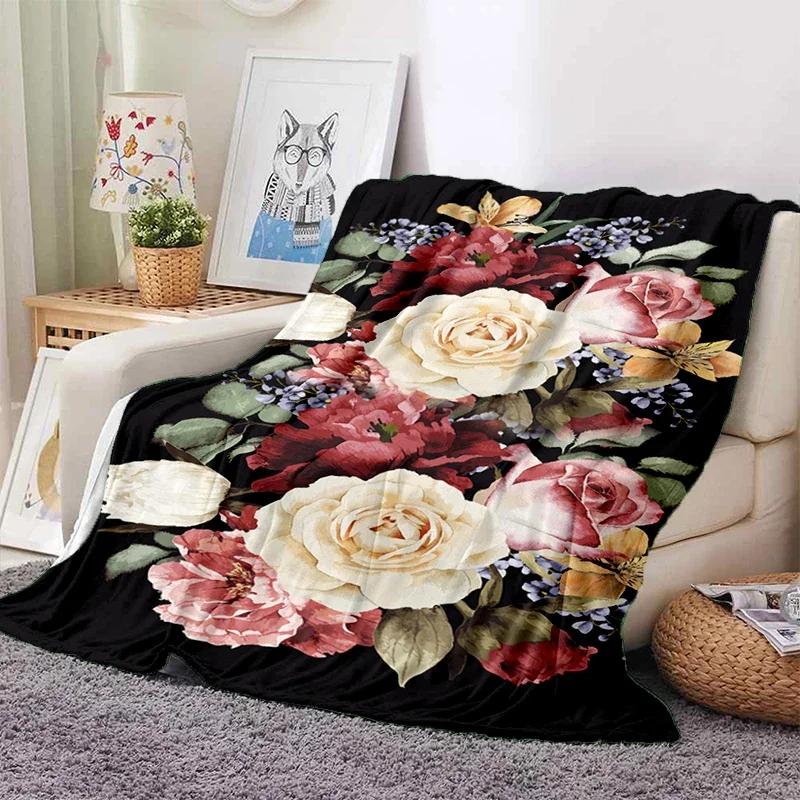 Red Roses Water Droplets Flannel Throw Blanket Valentine's Day Gift for Girls Women King Queen Size for Couch Sofa Living Room