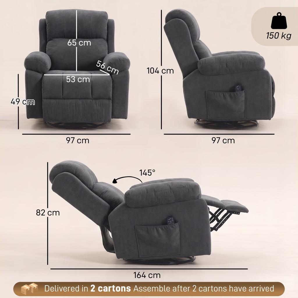 Recliner TV Chair 360 degrees Rotating Massage Chair with Heat, Massage, Chenille Look, Dark Gray