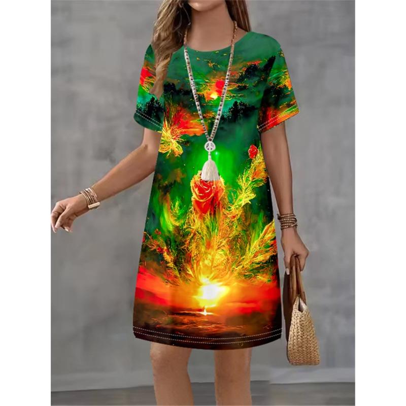 Women Dress Print Design Sense Pattern 2025 New Summer Elegant Women A-Line Dress Casual Short Sleeve Street Style Mini Dress