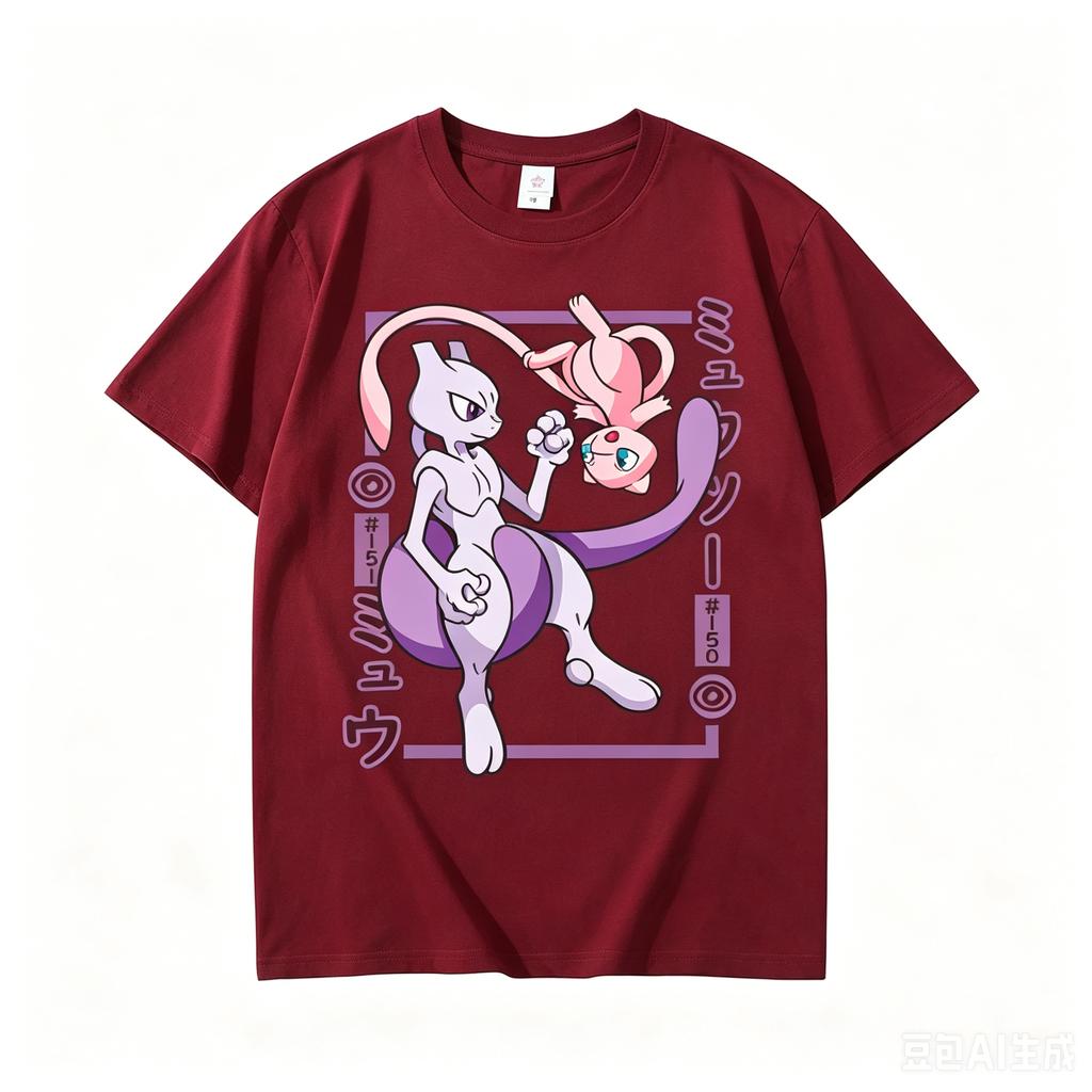 Pokémon Mewtwo Mew Printed Pure Cotton T-shirt for Men and Women Spring/Summer New Collection Fashion Short Sleeved Shirt