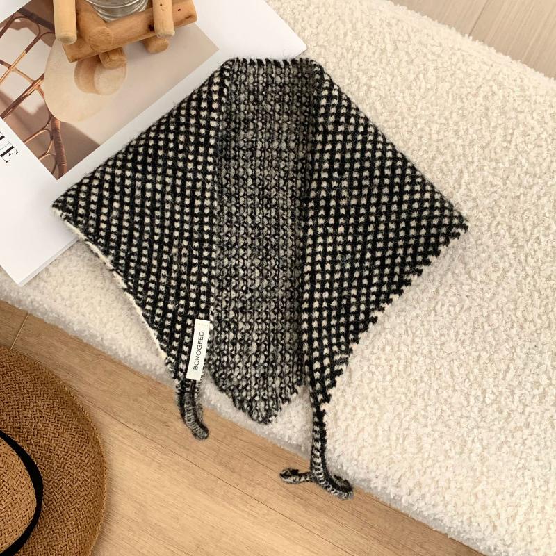 

Women s Grid Triangle Hair Scarf, Warm Woolen Headscarf, Thicken Knitted Scarf, Female Shawl, Tie Waist Fart Curtain, New