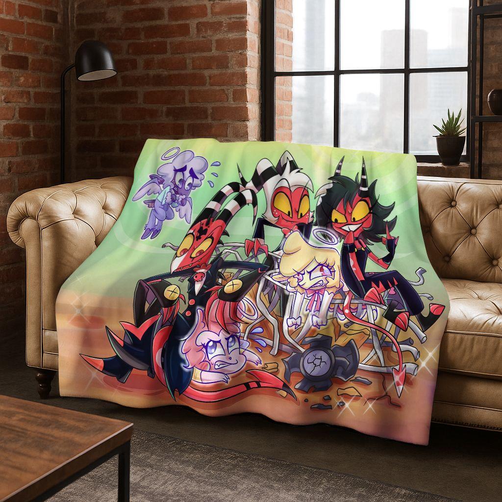 3D H-Helluva Boss Blitzo H-Hazbin Hotel Cartoon Flannel Blanket,Cozy Soft Throw Blanket for Home Bedroom Bed Sofa Cover Gift Kid