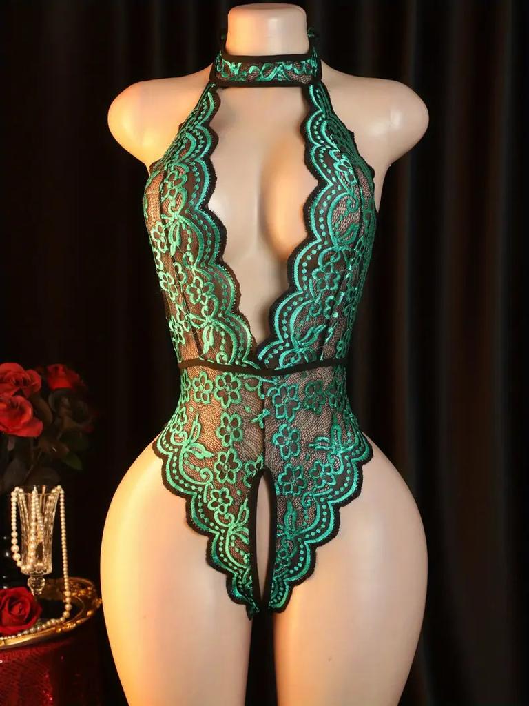 Lace Sheer One-piece Body Suit Crotchless Hot Woman Set Ultra-thin Hanging Neck Bodysuit Erotic Costume Big Backless Underwear