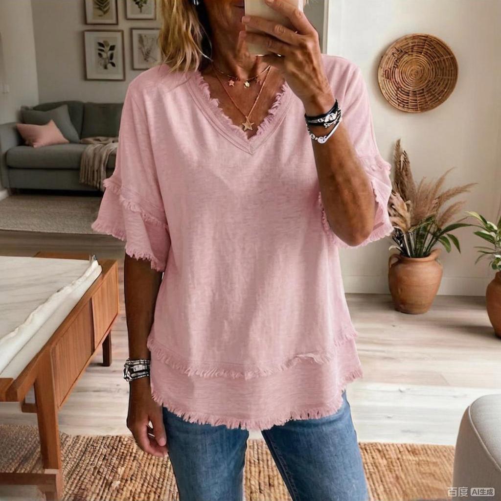 Women's V-Neck Short Sleeve Loose Fit Casual Pullover Shirt for Spring and Summer