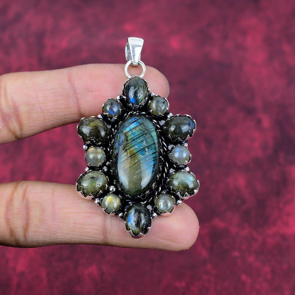 Pandantiv labradorit, bijuterii antice cu pandantiv din argint 925 din piatră prețioasă lucrată manual, pentru cadou Bijuterii din argint
