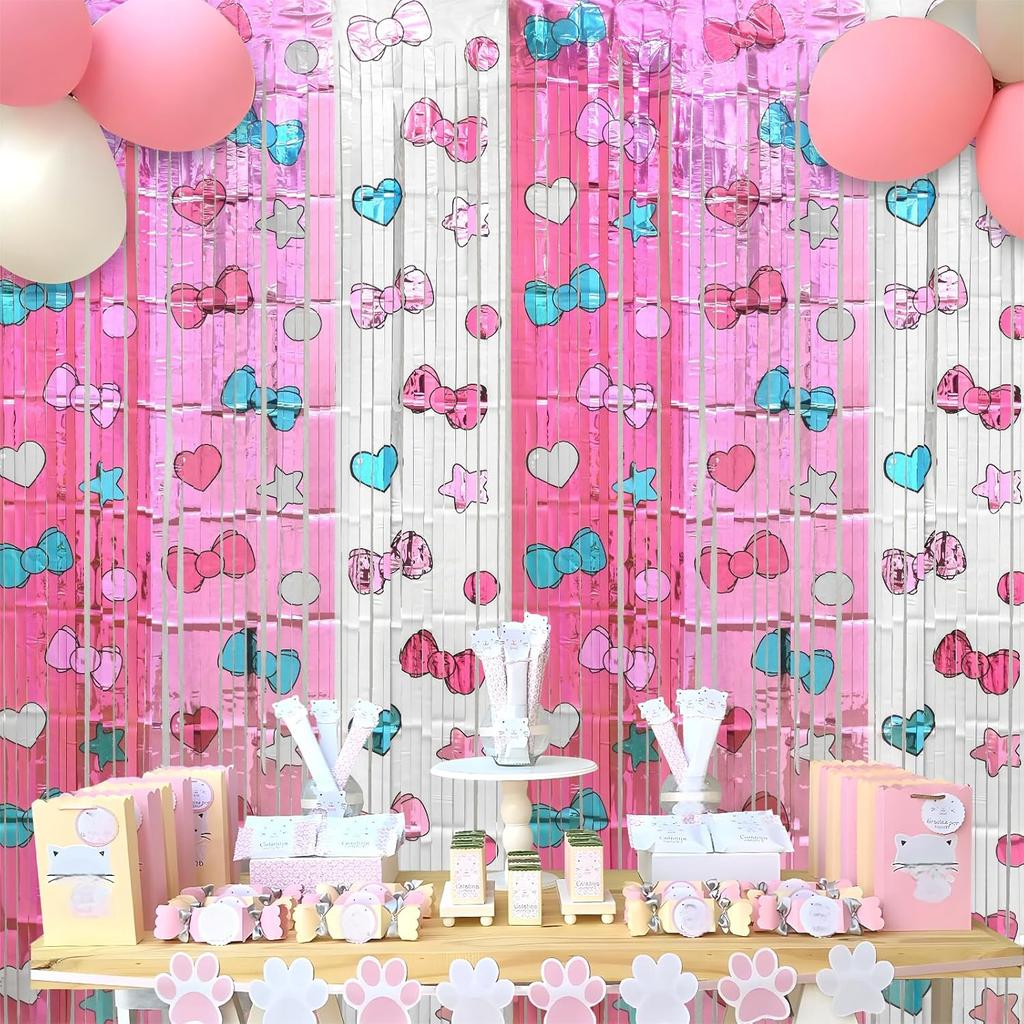Kawaii Birthday Decorations, 2 Pack Cartoon Cat Theme Party Supplies, 3.3 x 6.6ft Tinsel Foil Fringe Curtains, Bow Photo Booth Props, Backdrop